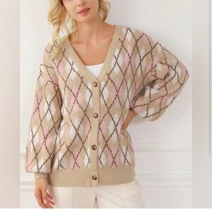 Very J Tan and Pink Geometric Cardigan
